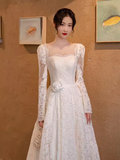 Niulatu A line Square Neckline Lace White Wedding Dress With Long Sleeves HZ1110