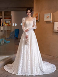 Niulatu A line Square Neckline Lace White Wedding Dress With Long Sleeves HZ1110