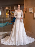 Niulatu A line Square Neckline Lace White Wedding Dress With Long Sleeves HZ1110