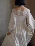 Niulatu A line Off The Shoulder Lace White Wedding Dress With Long Sleeves HZ1110