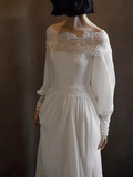 Niulatu A line Off The Shoulder Lace White Wedding Dress With Long Sleeves HZ1110