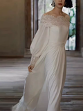 Niulatu A line Off The Shoulder Lace White Wedding Dress With Long Sleeves HZ1110
