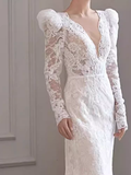 Niulatu Mermaid V Neckline Lace White Wedding Dress With Long Sleeves HZ1110