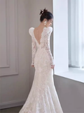Niulatu Mermaid V Neckline Lace White Wedding Dress With Long Sleeves HZ1110