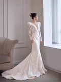 Niulatu Mermaid V Neckline Lace White Wedding Dress With Long Sleeves HZ1110