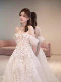 Niulatu A line Off The Shoulder White Lace Wedding Dress With Cap Sleeves HZ1110