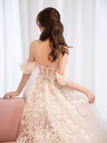 Niulatu A line Off The Shoulder White Lace Wedding Dress With Cap Sleeves HZ1110
