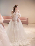 Niulatu A line Off The Shoulder White Lace Wedding Dress With Cap Sleeves HZ1110