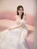Niulatu A line Off The Shoulder White Lace Wedding Dress With Cap Sleeves HZ1110