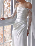Niulatu Sheath Off The Shoulder Satin Lace White Wedding Dress With Long Sleeves HZ1110