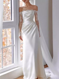 Niulatu Sheath Off The Shoulder Satin Lace White Wedding Dress With Long Sleeves HZ1110