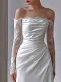 Niulatu Sheath Off The Shoulder Satin Lace White Wedding Dress With Long Sleeves HZ1110