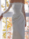 Niulatu Sheath Off The Shoulder Satin Lace White Wedding Dress With Long Sleeves HZ1110