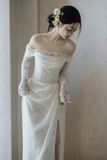 Niulatu Sheath Off The Shoulder Long Sleeves Lace White Wedding Dresses HZ1110