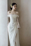 Niulatu Sheath Off The Shoulder Long Sleeves Lace White Wedding Dresses HZ1110