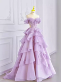 Niulatu Ball Gown Off The Shoulder Lace Lilac Long Prom Dress HZ1110