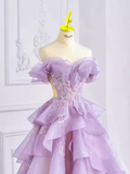 Niulatu Ball Gown Off The Shoulder Lace Lilac Long Prom Dress HZ1110