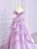 Niulatu Ball Gown Off The Shoulder Lace Lilac Long Prom Dress HZ1110