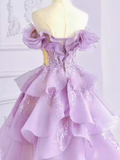 Niulatu Ball Gown Off The Shoulder Lace Lilac Long Prom Dress HZ1110
