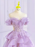 Niulatu Ball Gown Off The Shoulder Lace Lilac Long Prom Dress HZ1110