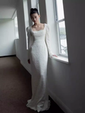 Niulatu Mermaid Square Neckline Long Sleeves White Lace Wedding Dresses HZ1110