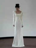 Niulatu Mermaid Square Neckline Long Sleeves White Lace Wedding Dresses HZ1110