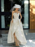 Niulatu A Line Strapless Sleeveless Lace White Wedding Dresses HZ1110