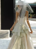 Niulatu A Line Strapless Sleeveless Lace White Wedding Dresses HZ1110