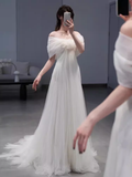 Niulatu A Line Off The Shoulder Tulle White Long Wedding Dresses HZ1110