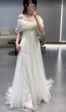 Niulatu A Line Off The Shoulder Tulle White Long Wedding Dresses HZ1110