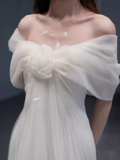 Niulatu A Line Off The Shoulder Tulle White Long Wedding Dresses HZ1110