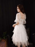 Niulatu A line Square Neckline Tulle Short Homecoming Dress White Hoco Dresses HZ1110