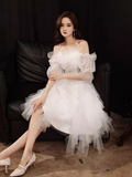 Niulatu A line Square Neckline Tulle Short Homecoming Dress White Hoco Dresses HZ1110