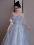 Niulatu A line Off The Shoulder Tulle Gray Long Prom Dresses HZ1110
