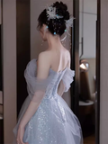 Niulatu A line Off The Shoulder Tulle Gray Long Prom Dresses HZ1110