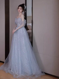 Niulatu A line Off The Shoulder Tulle Gray Long Prom Dresses HZ1110