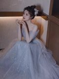 Niulatu A line Off The Shoulder Tulle Gray Long Prom Dresses HZ1110