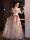 Niulatu A line Off The Shoulder Tulle Flowers Long Prom Dresses HZ1110