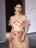Niulatu A line Off The Shoulder Tulle Flowers Long Prom Dresses HZ1110