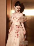 Niulatu A line Off The Shoulder Tulle Flowers Long Prom Dresses HZ1110