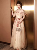 Niulatu A line Off The Shoulder Tulle Flowers Long Prom Dresses HZ1110
