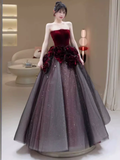 Niulatu Ball Gown Strapless Velvet Burgundy Tulle Flowers Long Prom Dresses HZ1110