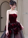 Niulatu Ball Gown Strapless Velvet Burgundy Tulle Flowers Long Prom Dresses HZ1110