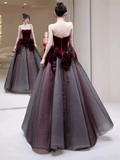 Niulatu Ball Gown Strapless Velvet Burgundy Tulle Flowers Long Prom Dresses HZ1110