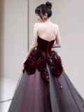 Niulatu Ball Gown Strapless Velvet Burgundy Tulle Flowers Long Prom Dresses HZ1110