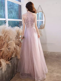 Niulatu A Line High Neckline Tulle Pink Long Prom Dresses HZ1110