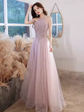 Niulatu A Line High Neckline Tulle Pink Long Prom Dresses HZ1110