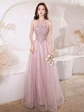 Niulatu A Line High Neckline Tulle Pink Long Prom Dresses HZ1110