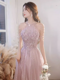 Niulatu A Line High Neckline Tulle Pink Long Prom Dresses HZ1110
