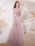 Niulatu A Line High Neckline Tulle Pink Long Prom Dresses HZ1110